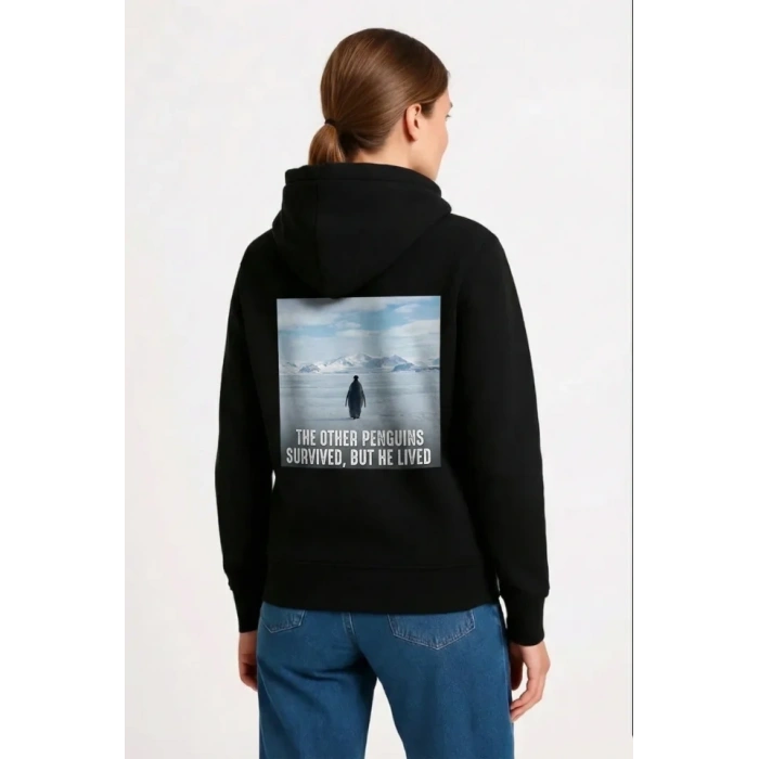Oversize Hoodie - Sırt Baskılı Survivor Penguin Temalı, Felsefi Yazılı Kapüşonlu Sweatshirt - Siyah