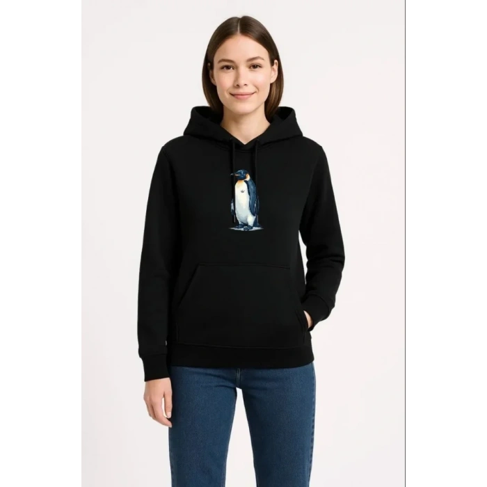 Oversize Hoodie - Sırt Baskılı Survivor Penguin Temalı, Felsefi Yazılı Kapüşonlu Sweatshirt - Siyah