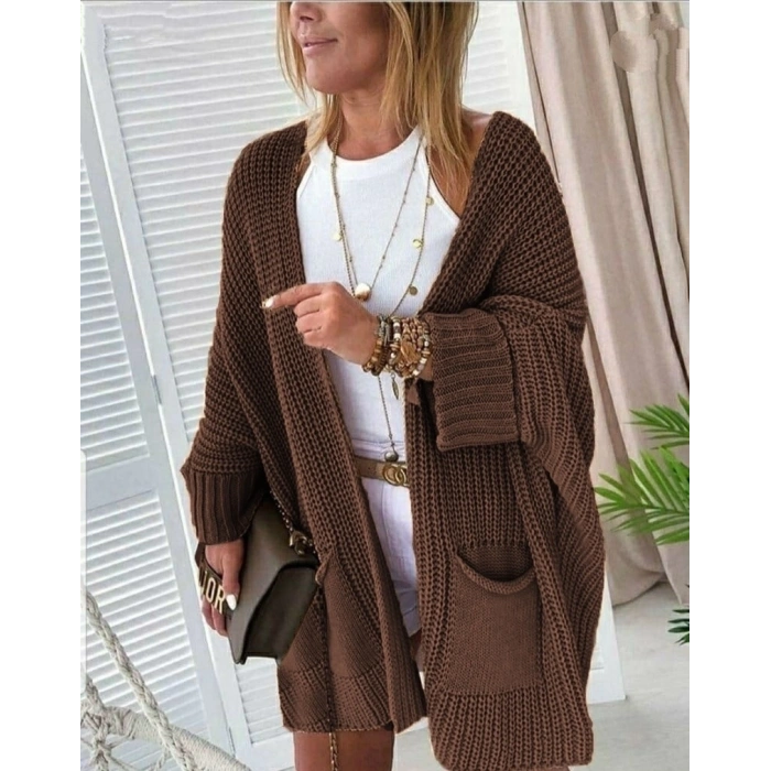 Oversize Kalıp Cepli Salaş Triko Hırka Kahve