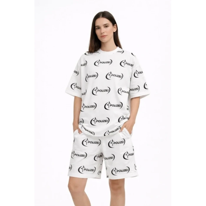 Oversize Ön Ve Arka Baskılı Tişört Şort Takım Rahat Kalıp Yazlık Günlük Kombin - Beyaz
