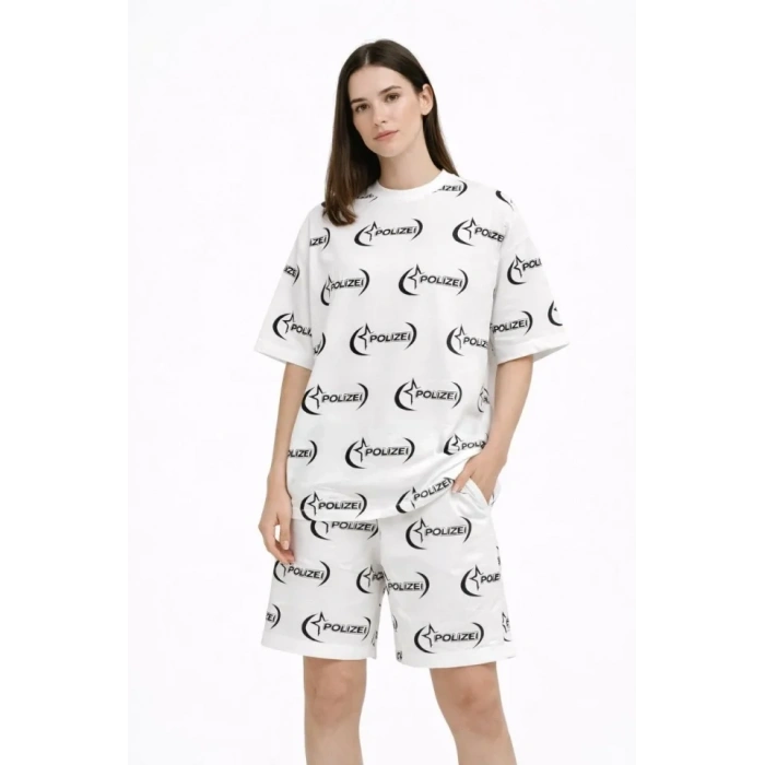 Oversize Ön Ve Arka Baskılı Tişört Şort Takım Rahat Kalıp Yazlık Günlük Kombin - Beyaz