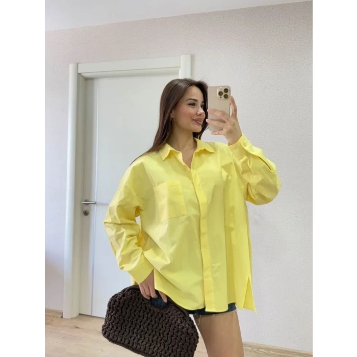 Oversize Pens Detaylı Cepli Yırtmaçlı Rahat Kalıp Poplin Gömlek - Sarı
