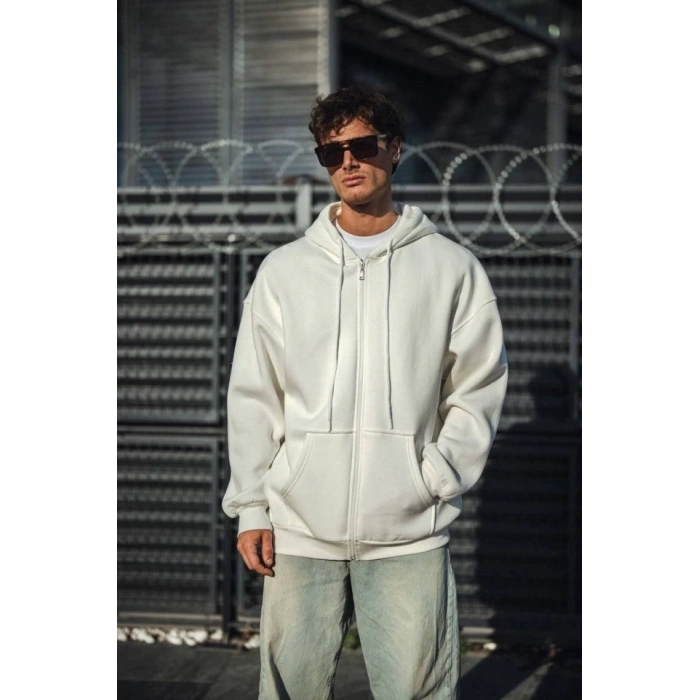 Oversize Tam Fermuarlı Uzun Kol Hırka - Beyaz