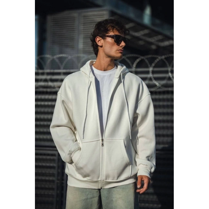 Oversize Tam Fermuarlı Uzun Kol Hırka - Beyaz