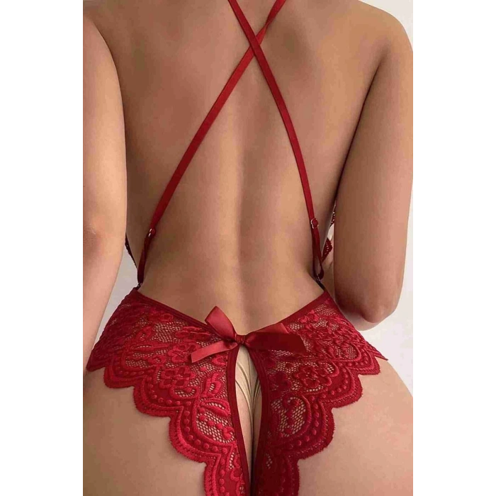 Özel Bölgesi Açık Dantelli Kırmızı Fantazi Babydoll TM1278