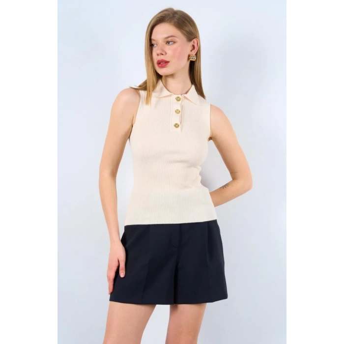 Patlı Düğmeli Triko Atlet - Beyaz Kayısı