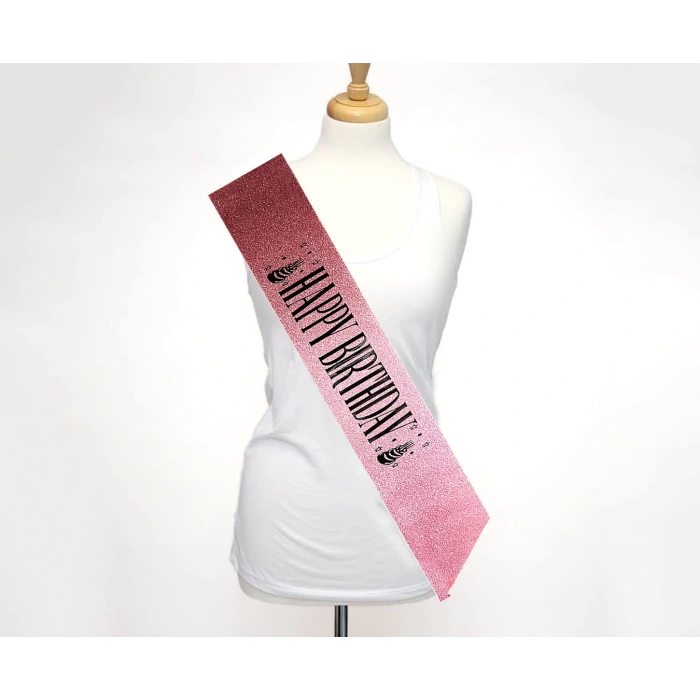 Pembe Üzeri Siyah Büyük Happy Birthday Yazılı Simli Işıltılı Kuşak Kemer 10 cm Genişlik (4940)