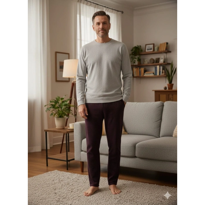 Pijalüx Tek Alt Cepli Örme Ekose Ev Pantolonu