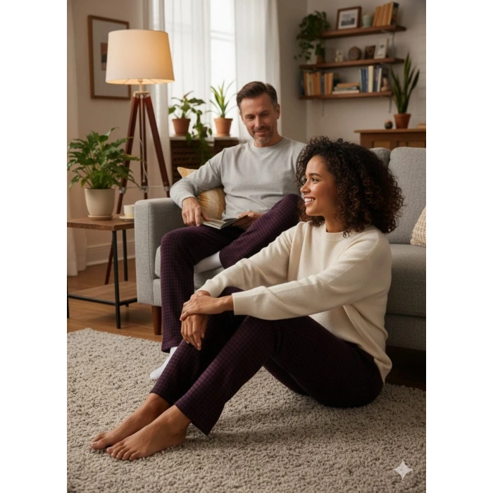 Pijalüx Tek Alt Cepli Örme Ekose Ev Pantolonu