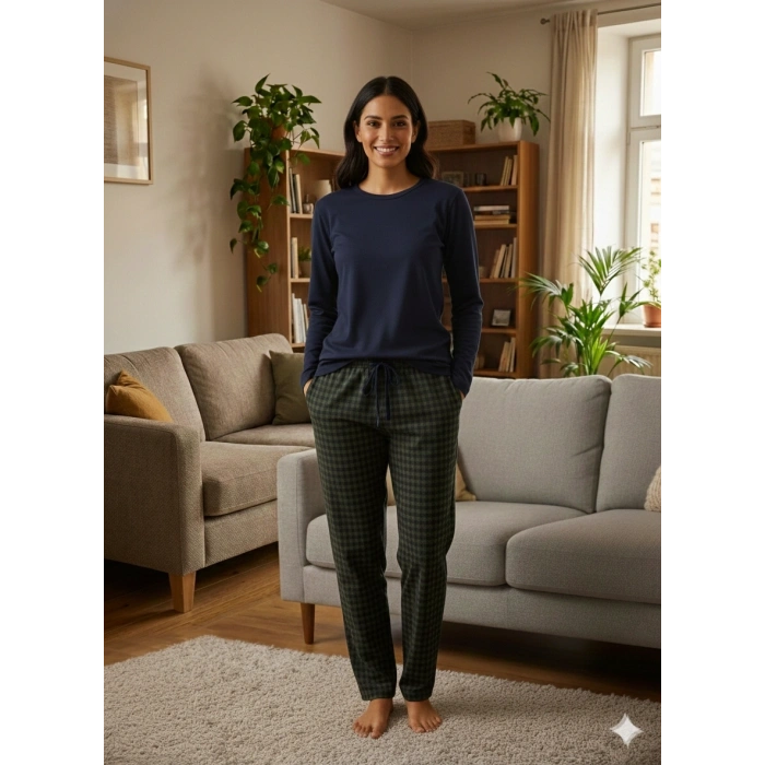 Pijalüx Tek Alt Örme Ekose Ev Pantolonu