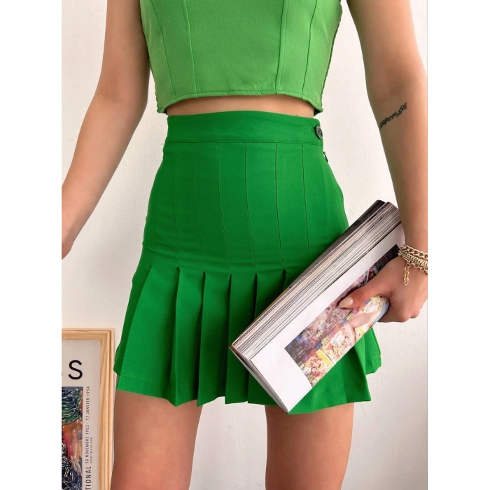 Pileli düğmeli etek açık yeşil s24811