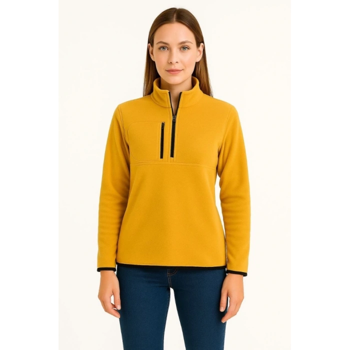 Polar Kazak – Dik Yaka, Yarım Fermuarlı, Fermuarlı Göğüs Cepli, Siyah Biyeli, Kışlık Rahat Regular Fit Günlük Model - Sarı