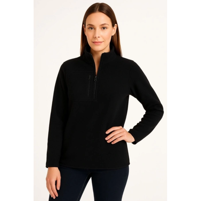 Polar Kazak – Dik Yaka, Yarım Fermuarlı, Fermuarlı Göğüs Cepli, Siyah Biyeli, Kışlık Rahat Regular Fit Günlük Model - Siyah