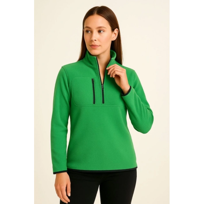 Polar Kazak – Dik Yaka, Yarım Fermuarlı, Fermuarlı Göğüs Cepli, Siyah Biyeli, Kışlık Rahat Regular Fit Günlük Model - Yeşil