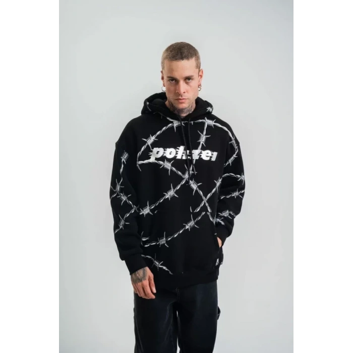 POLIZEI Premium Kalite Kapşonlu Varak Ve Pano Baskılı SweatShirt - Siyah