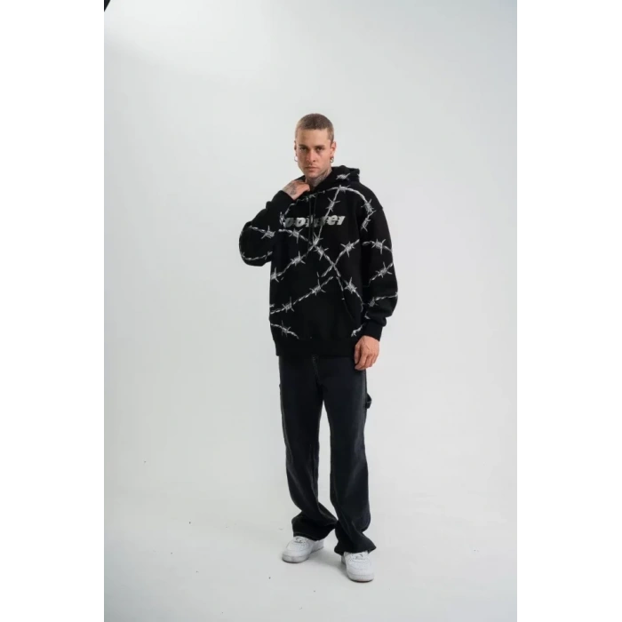 POLIZEI Premium Kalite Kapşonlu Varak Ve Pano Baskılı SweatShirt - Siyah