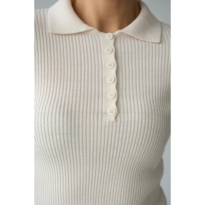 Polo Yaka 6 Düğmeli Kazak - Krem