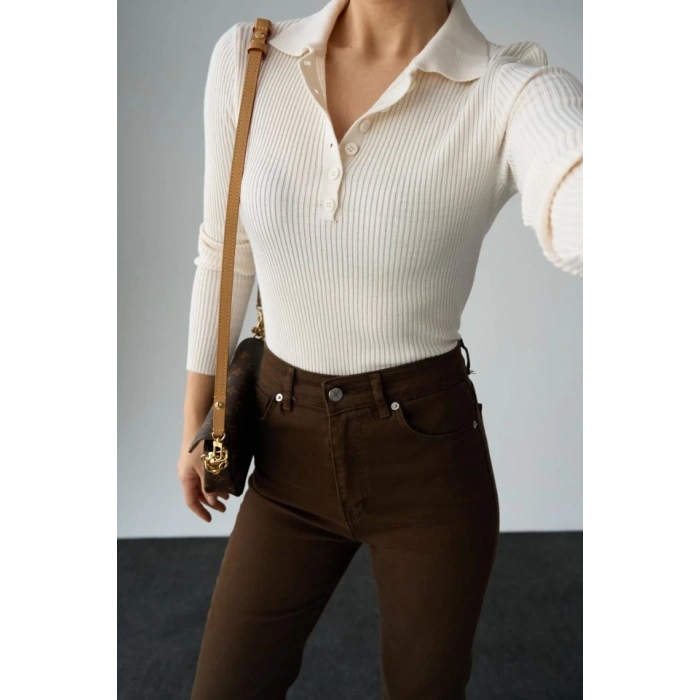 Polo Yaka 6 Düğmeli Kazak - Krem