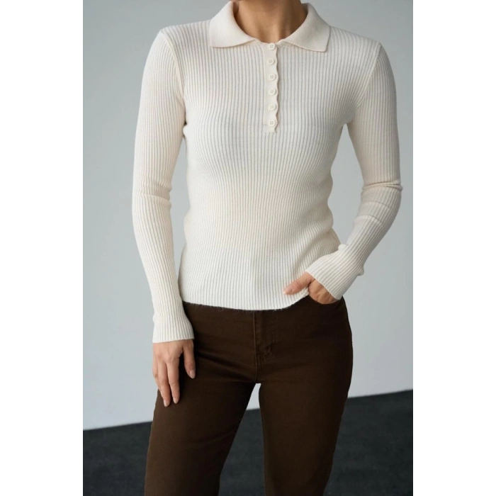 Polo Yaka 6 Düğmeli Kazak - Krem