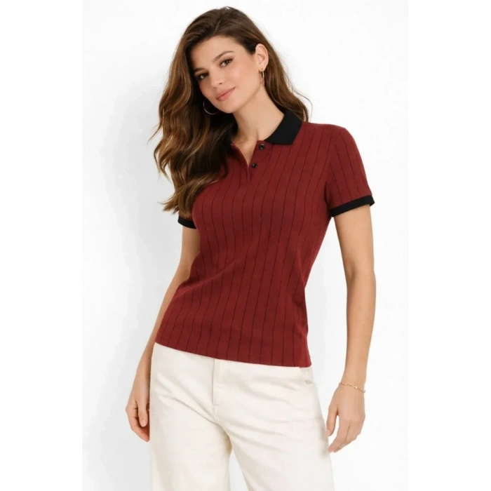 Polo Yaka Çizgili Tişört Kısa Kol Düğmeli Yazlık T-Shirt - Bordo