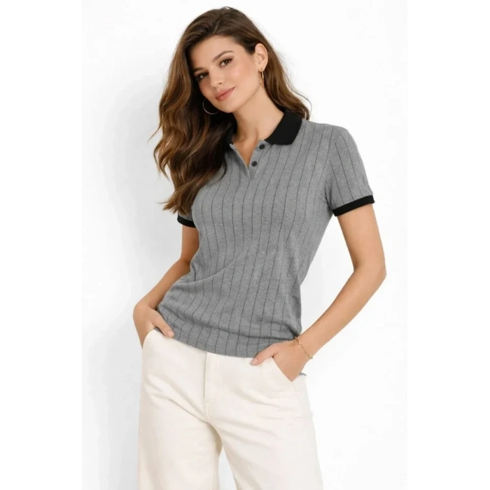 Polo Yaka Çizgili Tişört Kısa Kol Düğmeli Yazlık T-Shirt - Gri