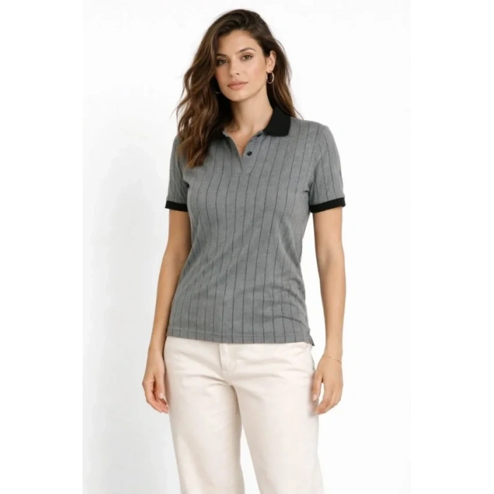 Polo Yaka Çizgili Tişört Kısa Kol Düğmeli Yazlık T-Shirt - Gri