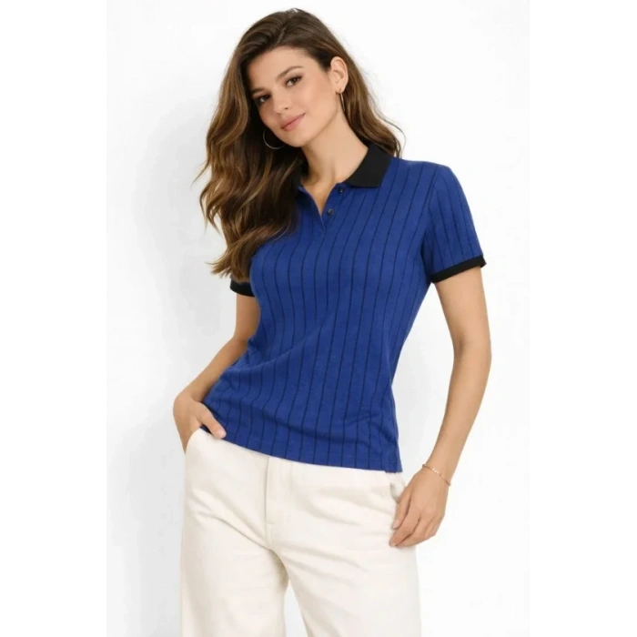 Polo Yaka Çizgili Tişört Kısa Kol Düğmeli Yazlık T-Shirt - Saks Mavisi