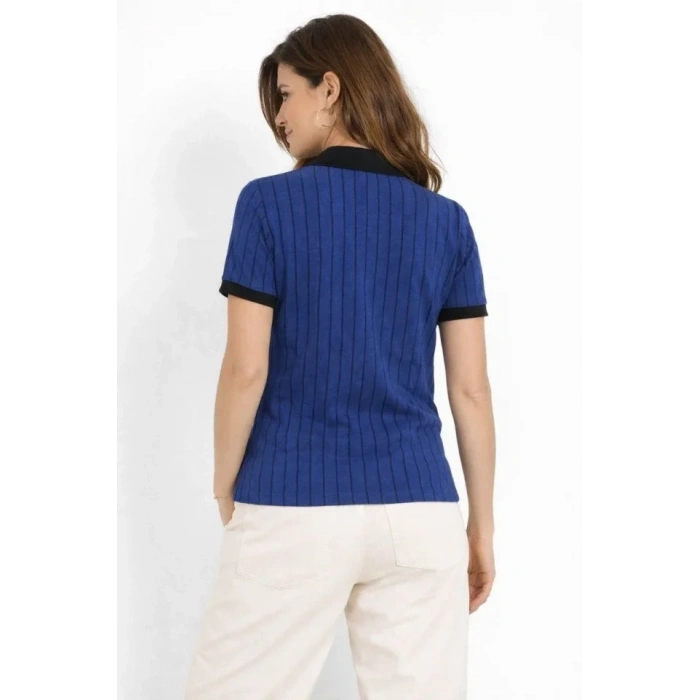 Polo Yaka Çizgili Tişört Kısa Kol Düğmeli Yazlık T-Shirt - Saks Mavisi