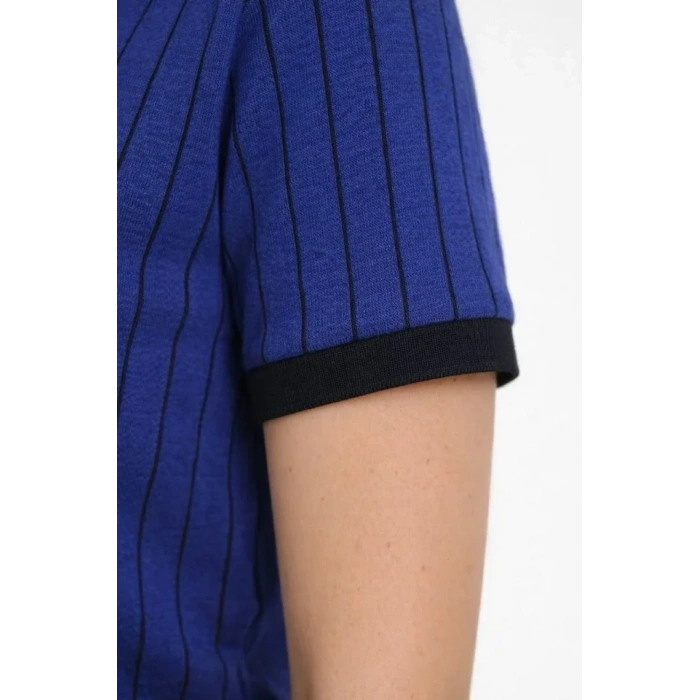 Polo Yaka Çizgili Tişört Kısa Kol Düğmeli Yazlık T-Shirt - Saks Mavisi