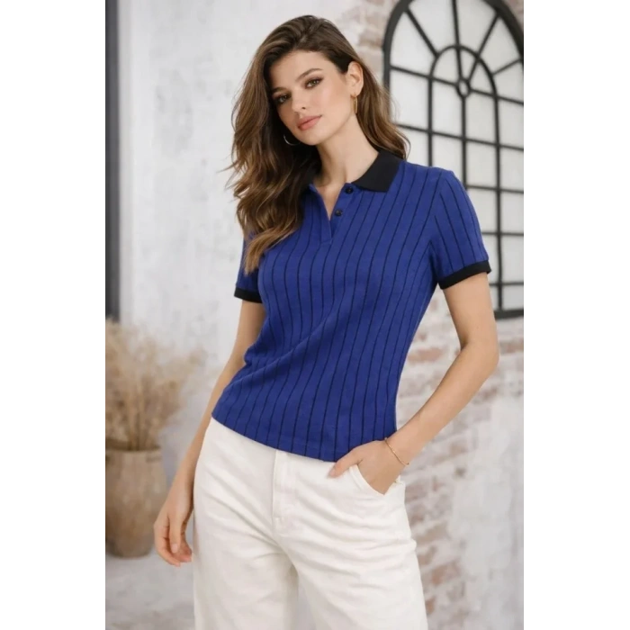 Polo Yaka Çizgili Tişört Kısa Kol Düğmeli Yazlık T-Shirt - Saks Mavisi