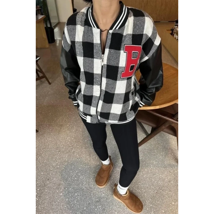 Pötikare Desen Harf Nakışlı Kolej Ceket - Siyah