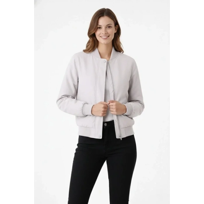Premium Bomber Ceket Çıtçıt Kapamalı, Ribana Manşetli, Astarlı, Regular Fit Mont - Beyaz
