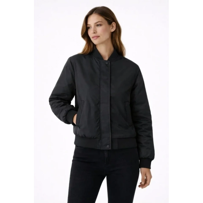 Premium Bomber Ceket Çıtçıt Kapamalı, Ribana Manşetli, Astarlı, Regular Fit Mont - Siyah