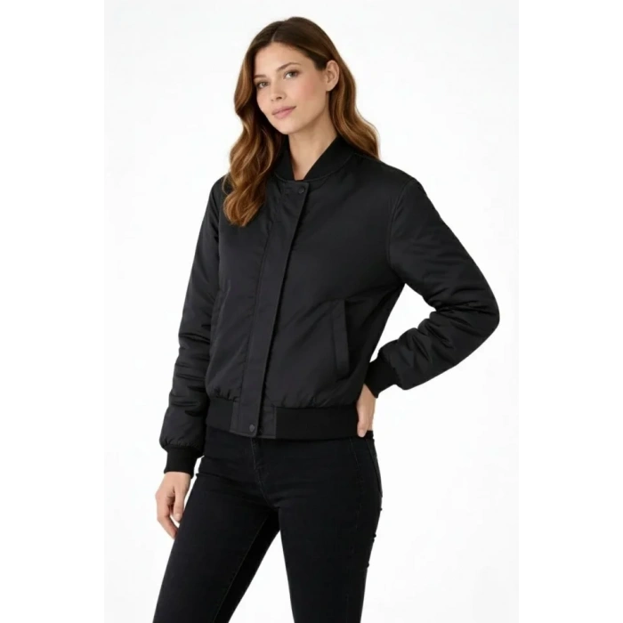 Premium Bomber Ceket Çıtçıt Kapamalı, Ribana Manşetli, Astarlı, Regular Fit Mont - Siyah