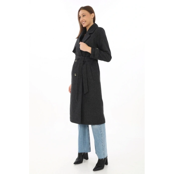 Premium Kaşe Kaban Uzun Boy, Balık Sırtı Yünlü Kaşmir Dokuma, Kruvaze Kuşaklı Astarlı - Siyah