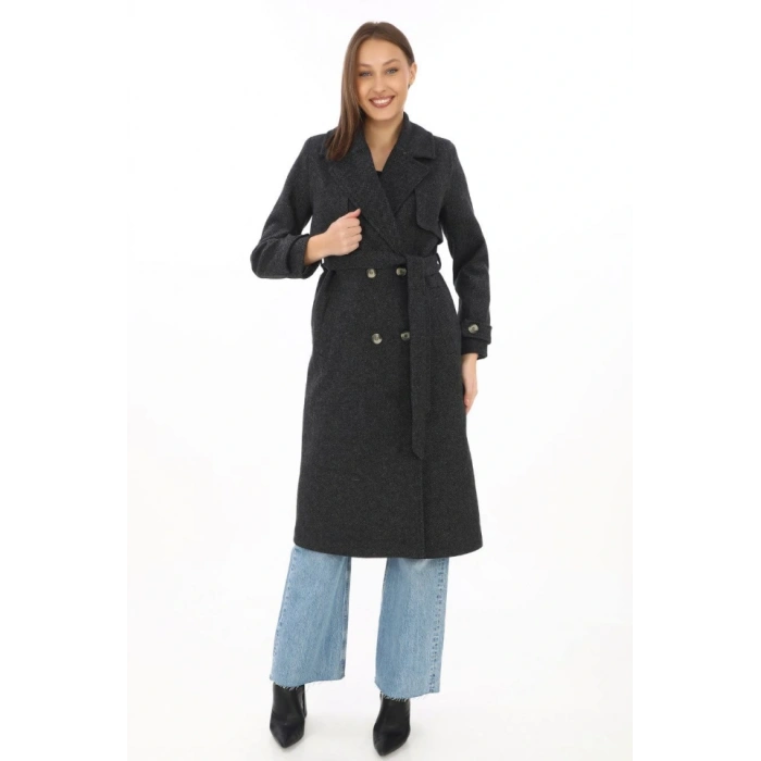 Premium Kaşe Kaban Uzun Boy, Balık Sırtı Yünlü Kaşmir Dokuma, Kruvaze Kuşaklı Astarlı - Siyah