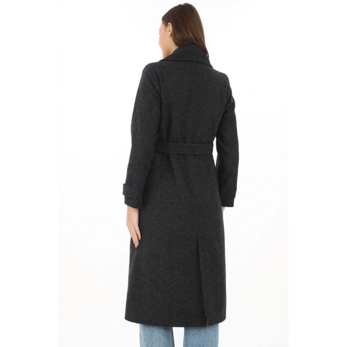 Premium Kaşe Kaban Uzun Boy, Balık Sırtı Yünlü Kaşmir Dokuma, Kruvaze Kuşaklı Astarlı - Siyah