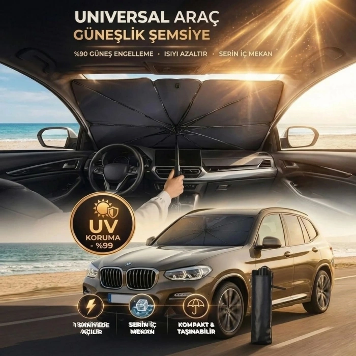 Premium Katlanabilir Araç Ön Cam Güneşliği – Şemsiye Tipi Oto Güneşlik, UV Korumalı Isı Yalıtımlı Ön Cam Gölgelik (4940)