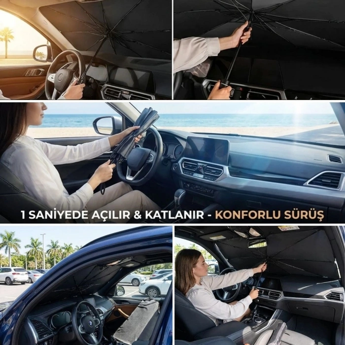 Premium Katlanabilir Araç Ön Cam Güneşliği – Şemsiye Tipi Oto Güneşlik, UV Korumalı Isı Yalıtımlı Ön Cam Gölgelik (4940)