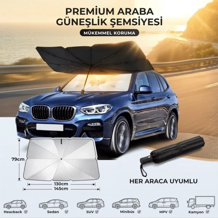 Premium Katlanabilir Araç Ön Cam Güneşliği – Şemsiye Tipi Oto Güneşlik, UV Korumalı Isı Yalıtımlı Ön Cam Gölgelik (4940)