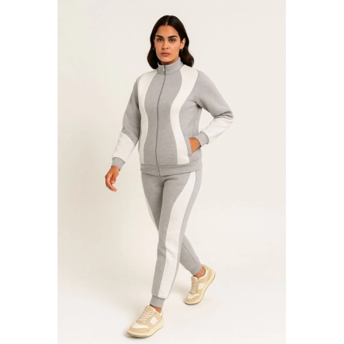 Premium Parçalı Eşofman Takım - Dik Yaka Fermuarlı Sweatshirt - Gri