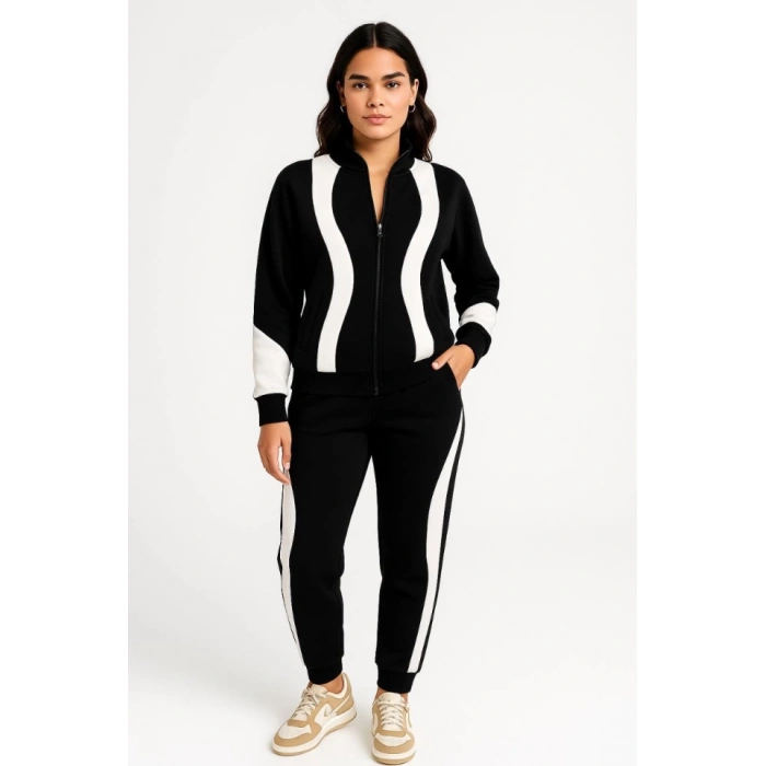 Premium Parçalı Eşofman Takım - Dik Yaka Fermuarlı Sweatshirt - Siyah