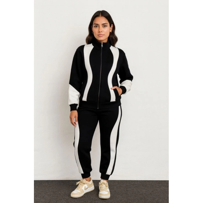 Premium Parçalı Eşofman Takım - Dik Yaka Fermuarlı Sweatshirt - Siyah