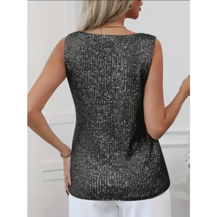 Pul Payetli Sıfır Kol Bluz -Siyah