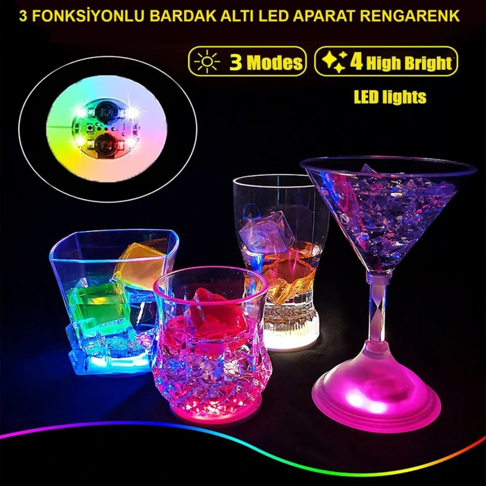Renkli LED Işıklı Bardak Altlığı - Dekoratif (12 Adet, Pilli) (4940)