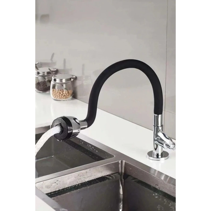 Renkli Silikonlu Oynar Başlıklı 2 Fonksiyonlu Spiral Musluk Başlığı - Siyah (4940)