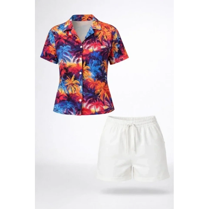 Renkli Tropikal Palmiye Desenli Kısa Kol Gömlek Şort Takım Yazlık Rahat Kalıp - Desenli