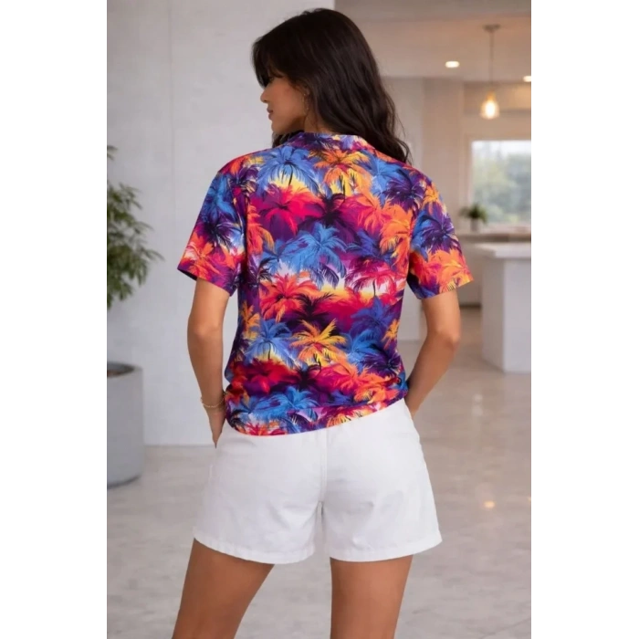 Renkli Tropikal Palmiye Desenli Kısa Kol Gömlek Şort Takım Yazlık Rahat Kalıp - Desenli