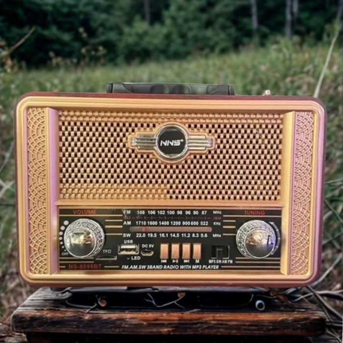 Retro, Nostaljik, Ahşap Tasarım Bluetooth Hoparlörlü, Şarjlı, Taşınabilir Otantik Tasarımlı FM/AM Destekli Radyo NS8098 (4940)