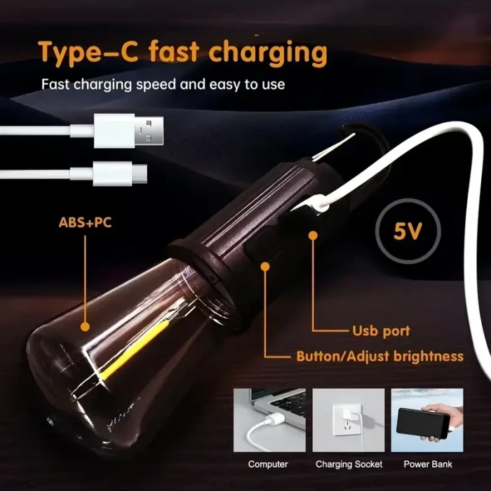 Rustik Taşınabilir Şarjlı Tasarruflu Ampul 10W Led Lamba Type-c Şarj Askılı Asma Aydınlatma T020 (4940)